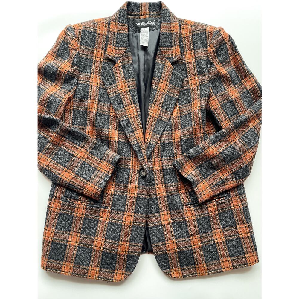 Sag Harbor Petites Women's Gray and Rust Plaid Wool Blend Blazer